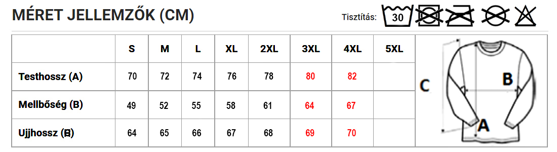 OMSZ MENTŐK, Piros Környakas póló, hosszú ujjú, 100% pamut mérettábla